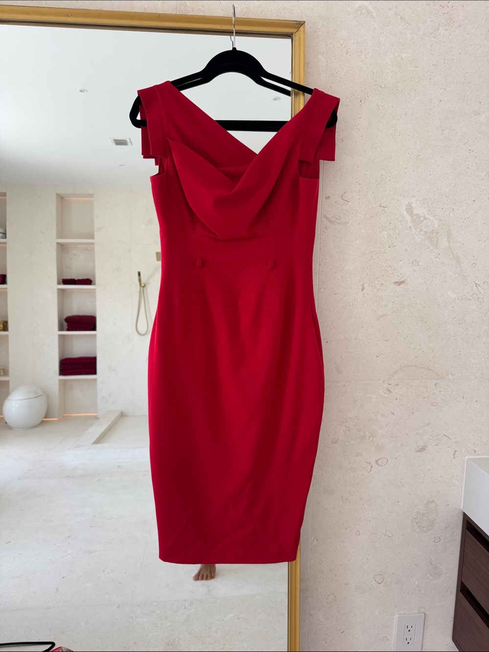 Black Halo Red Draped Cowl Midi Dress